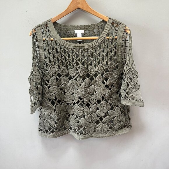 Chicos Olive Green Crochet Lace Blouse Top Womens Size 1 (M) Open Sleeve Design - Picture 1 of 6
